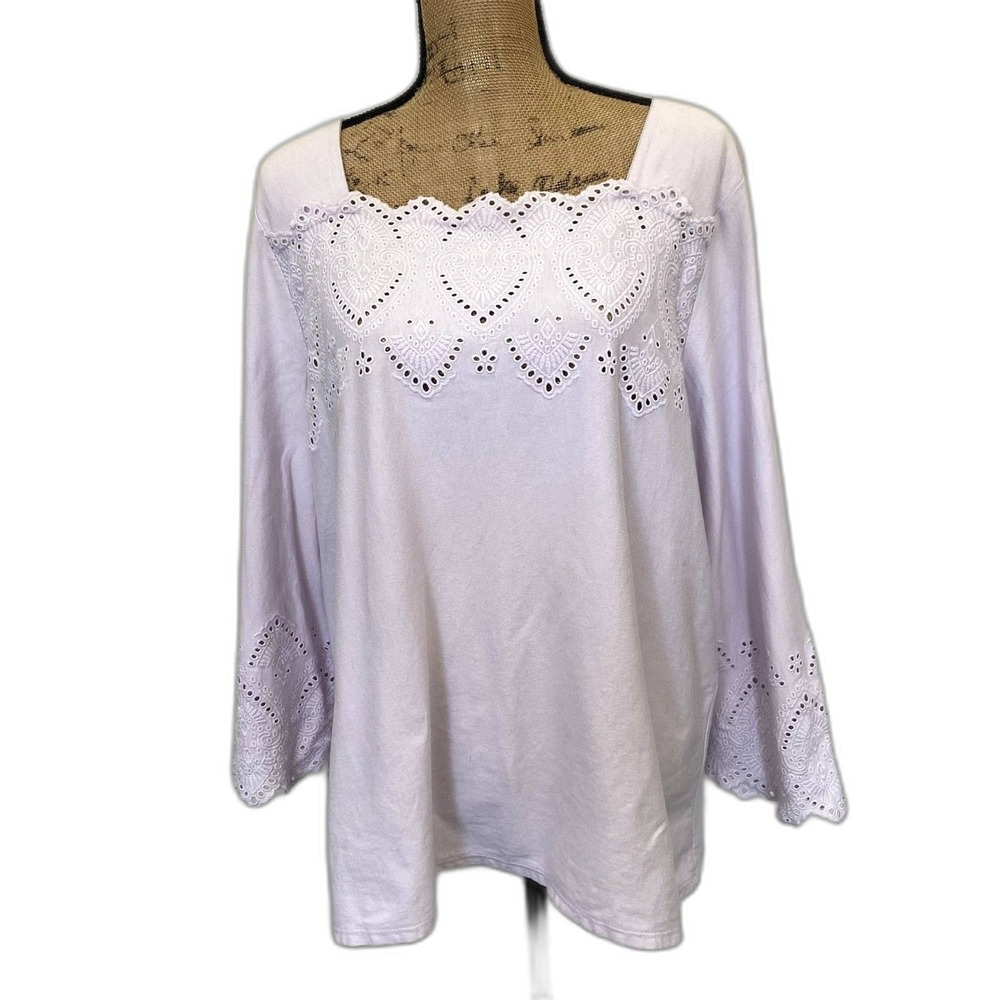 J. Jill Eyelet Trim Bell Sleeve Blouse 100% Cotton Pastel‎ Lilac Feminine Large